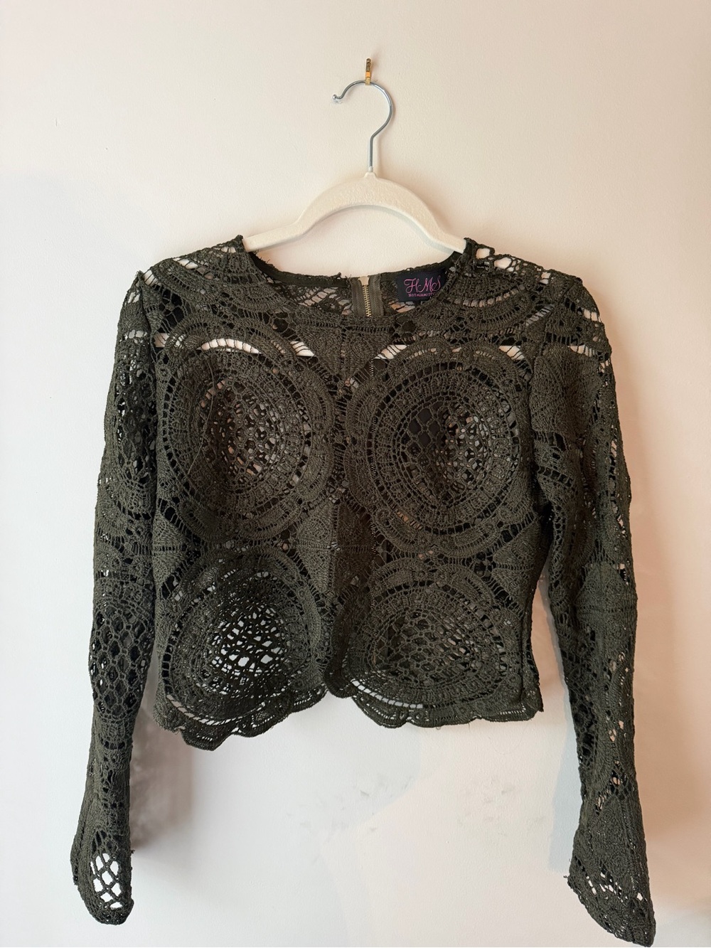 Hot Miami Styles Olive Crochet Long Sleeve Lace Top